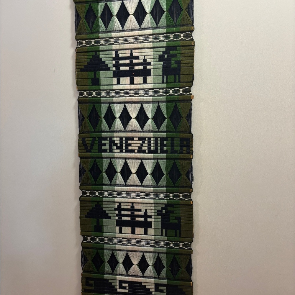 Beautiful unique vintage 1970s “Venezuela” Wall Hanging string wood art green